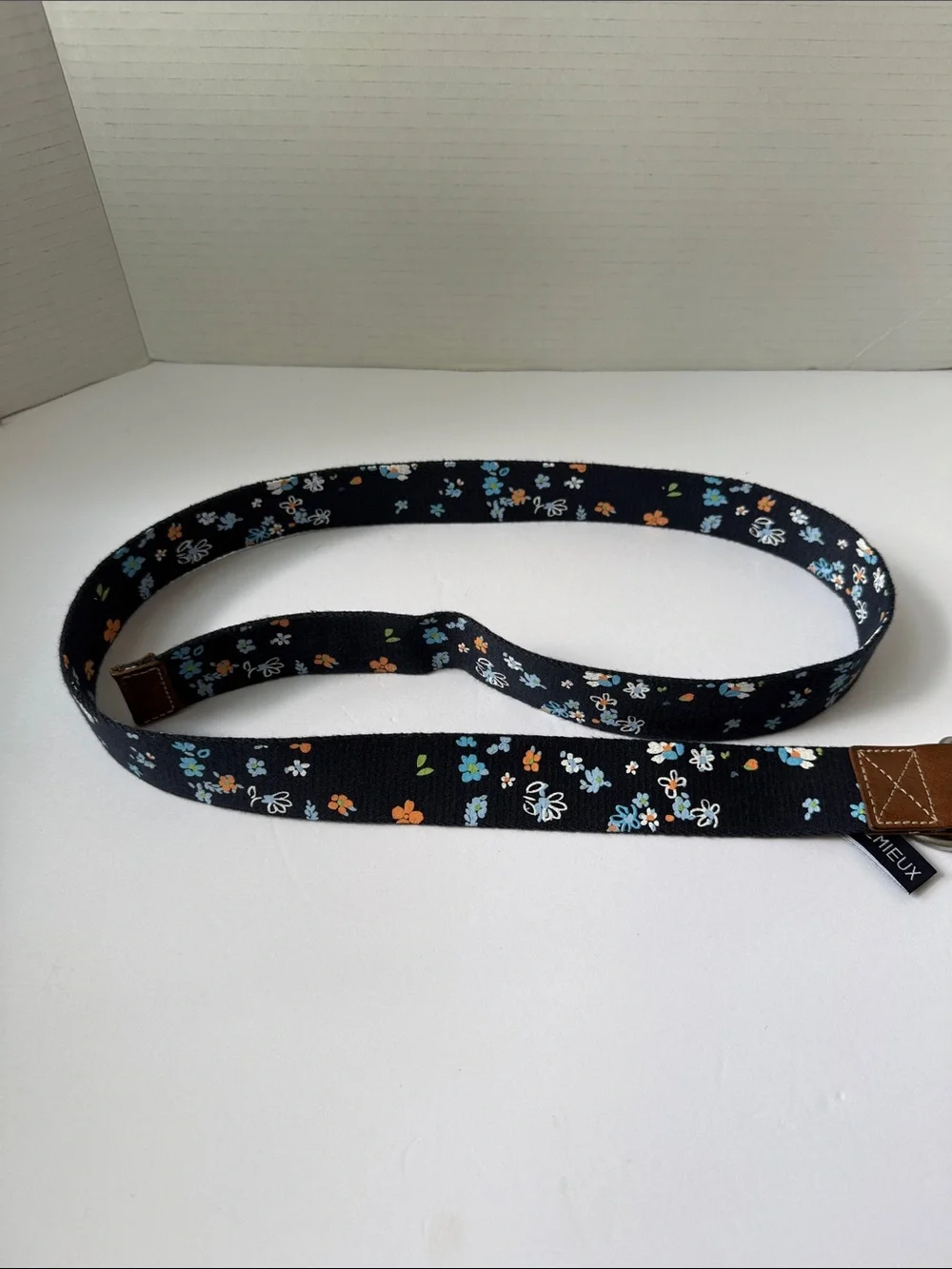 Men,s Cremieox Navy Floral Fabric Belt with Blue and Orange Accents #614
